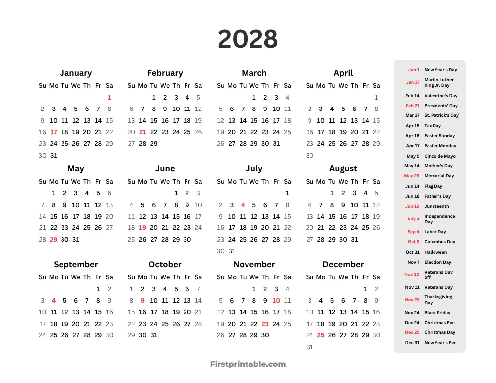 Year Calendar 2028 with holidays Landscape