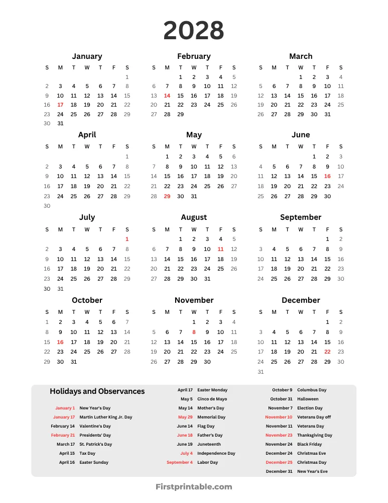 Year Calendar 2028 with holidays portrait
