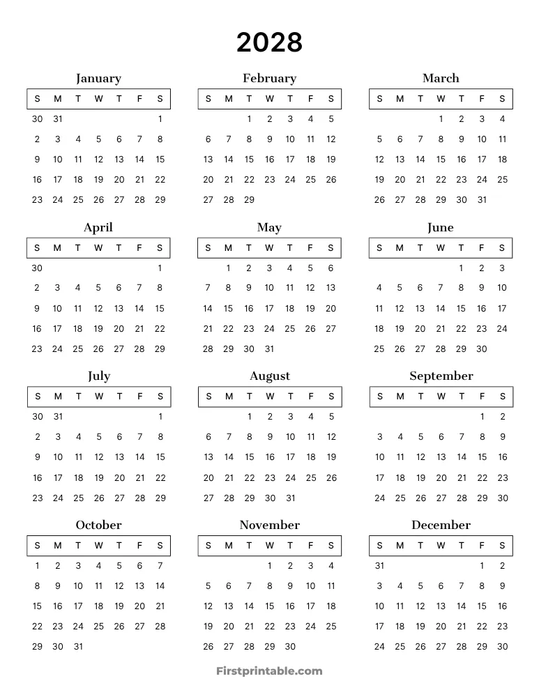 Year Calendar 2028