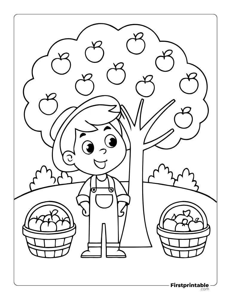 Farm Boy with Baskets of Apples Coloring Sheet for Kids