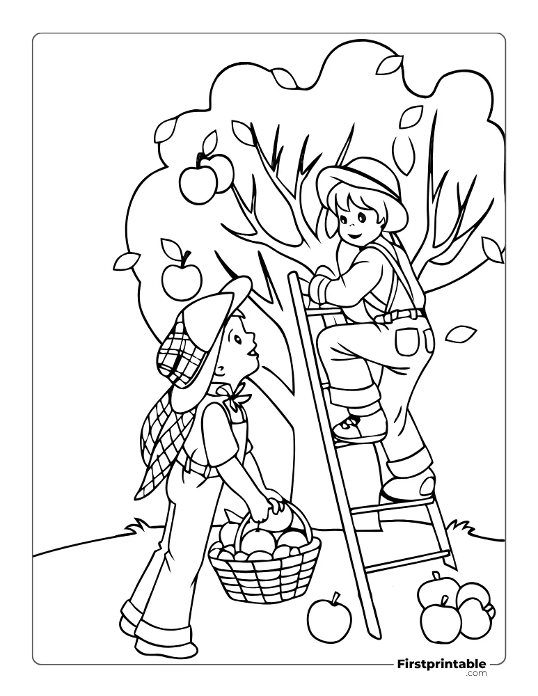 Boys Picking Apples from the Tree Coloring Page