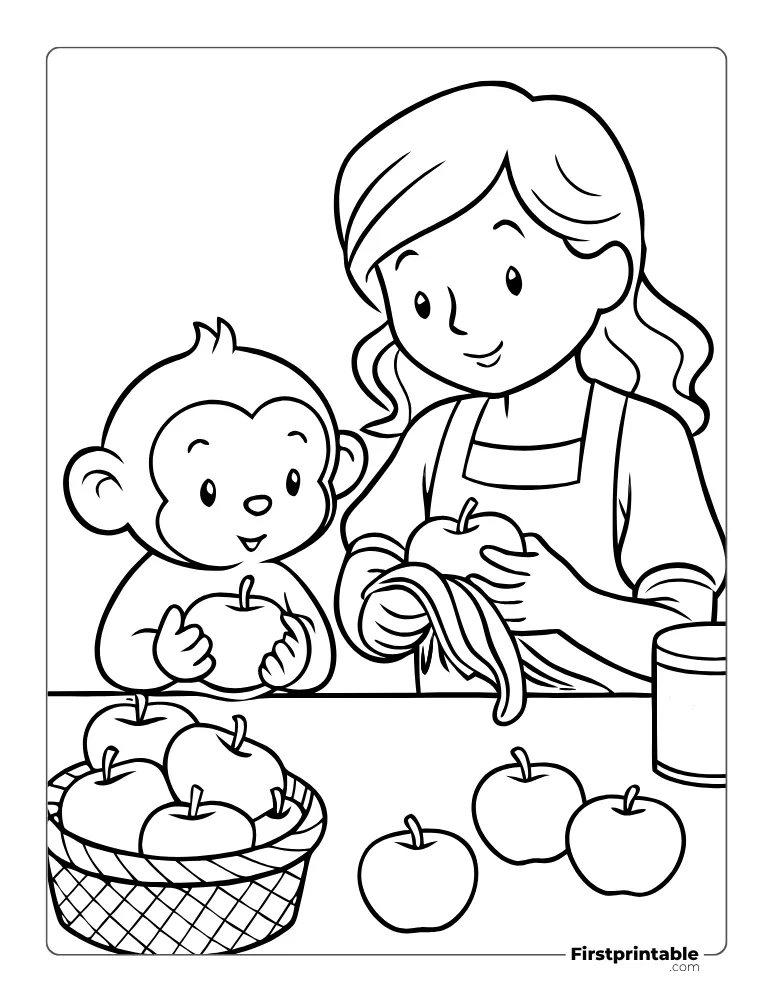 Girl and Monkey with an Apple - Coloring Page