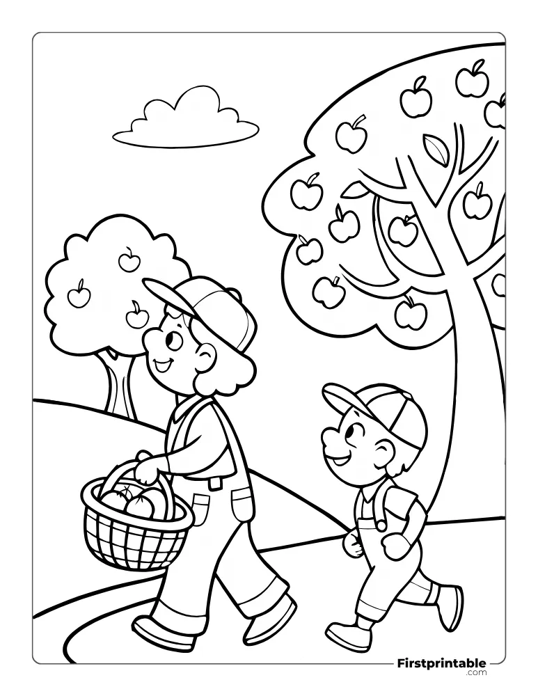 Father and Son with an Apple Basket Coloring Page
