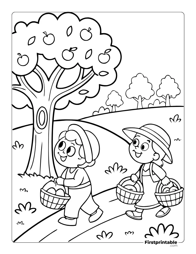 Friends in an Apple Garden Coloring Page
