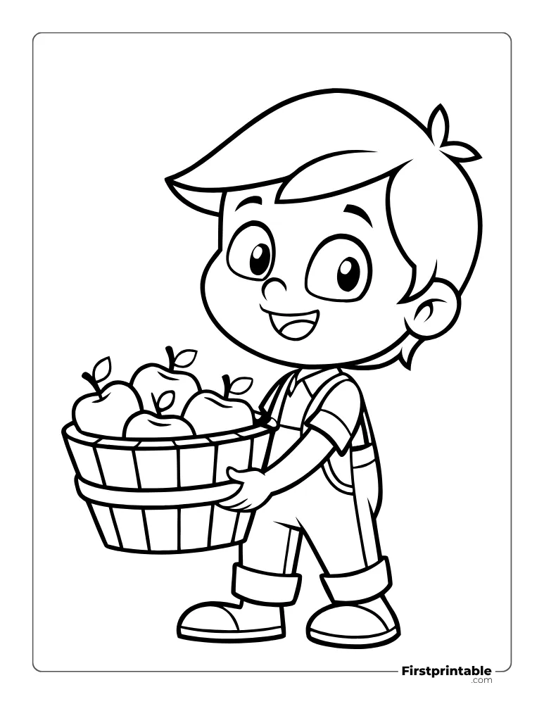 A Boy with an Apple Basket Coloring Page