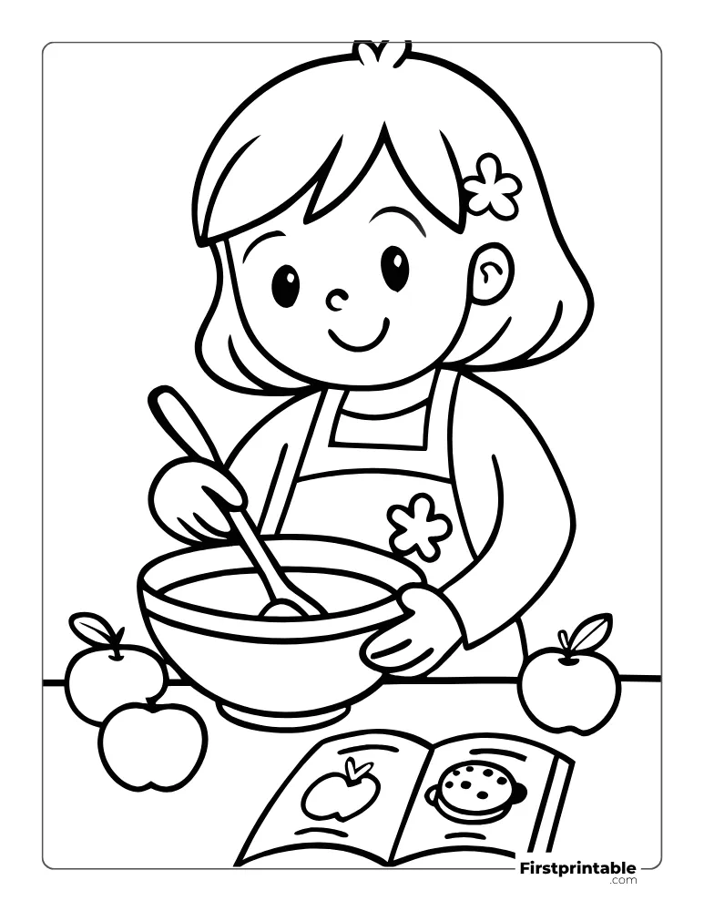 Pretty Girl Preparing Apple Pie - Coloring Page