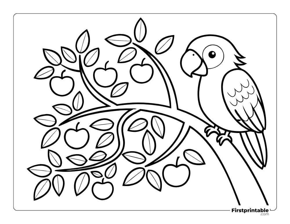 Cute Parrot in an Apple Tree Coloring Page