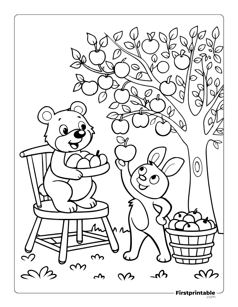 Cute Bunny and Koala near Apple Tree to Color for Kids
