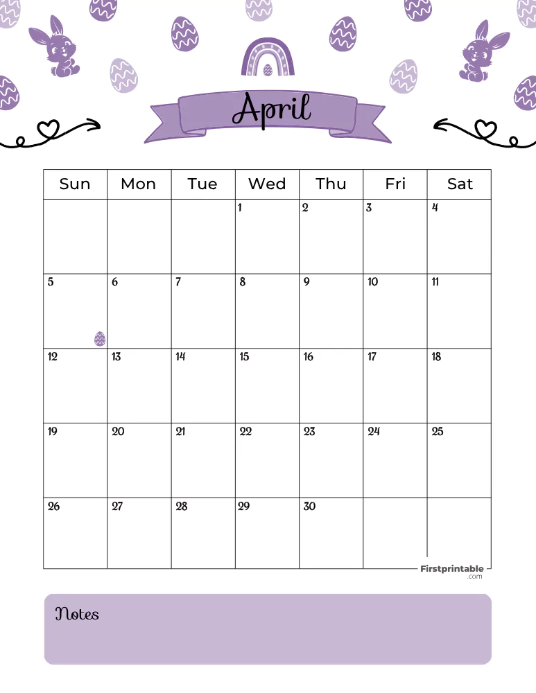 April Calendar 2026 Easter Template 01