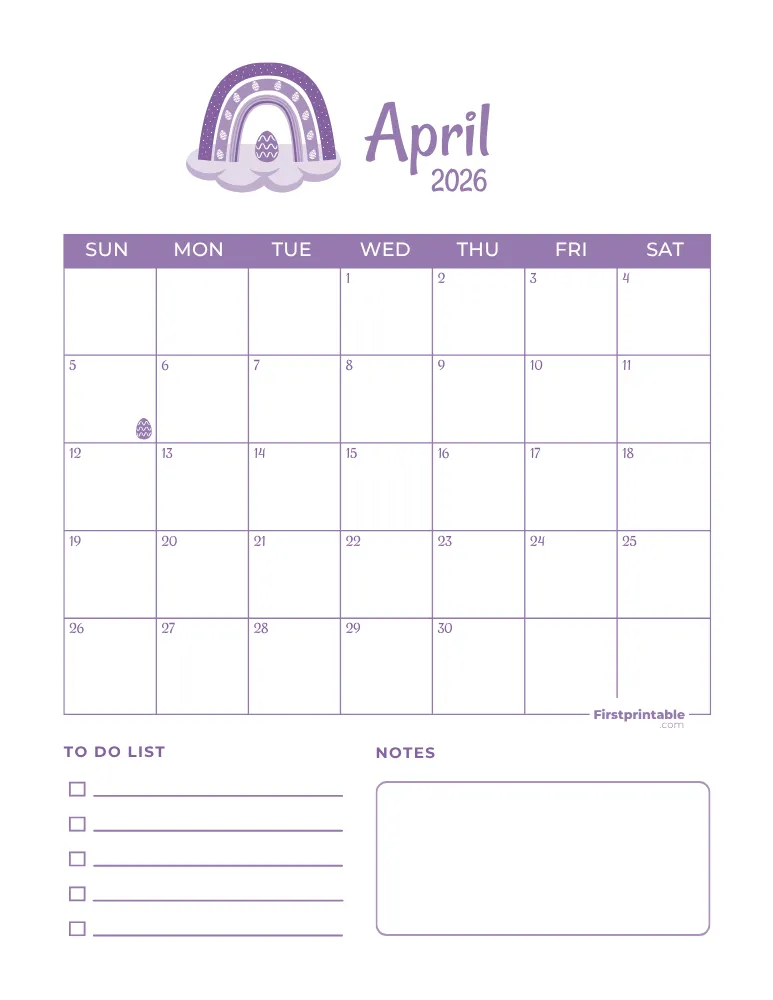 April Calendar 2026 Easter Template 02