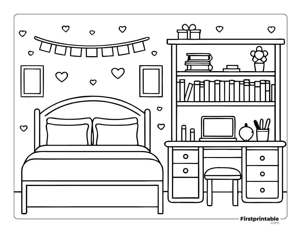 Cozy Bedroom Study Coloring Page for Kids