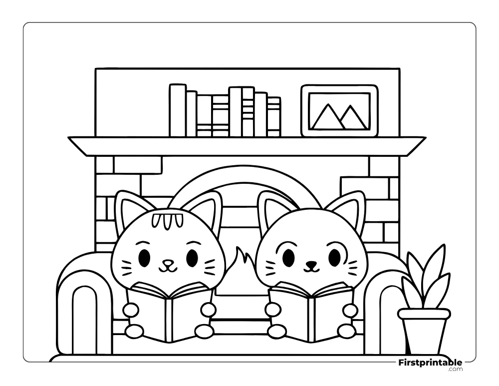 Kawaii Kittens Reading Books Coloring Page