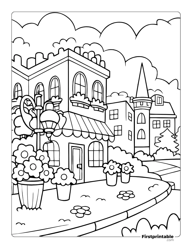 Cozy Streetscape Coloring Page