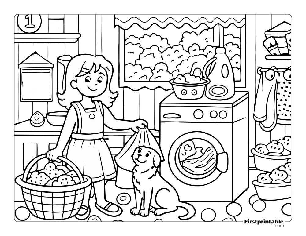 Laundry Day with Dog Coloring Page