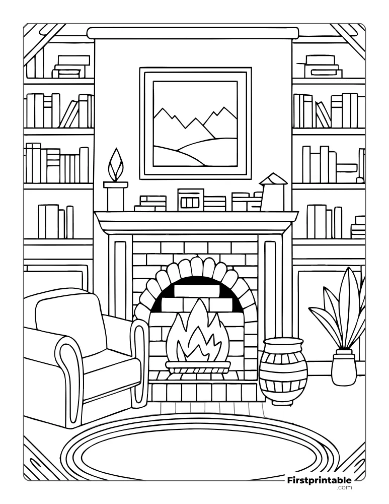 Relax by the Fireplace Coloring Page