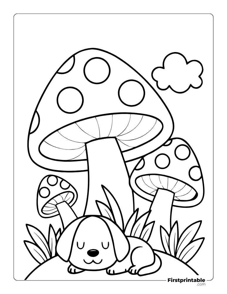 Sleepy Dog under Mushroom Coloring Page 