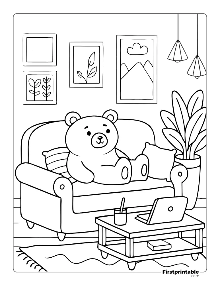 Kawaii Teddy Relaxing in Living Room to Color