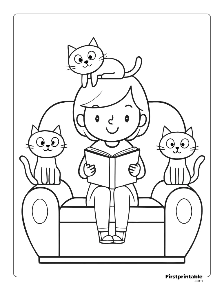 Young Women Relaxing with Kittens to Color