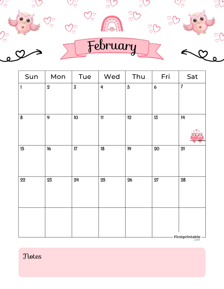 February Calendar 2026 Valentine's Day Template 01