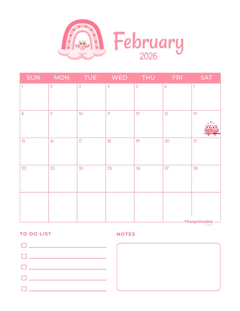 February Calendar 2026 Valentine's Day Template 02