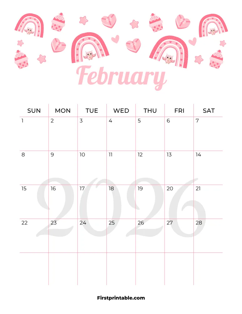 February Calendar 2026 Valentine's Day Template 06