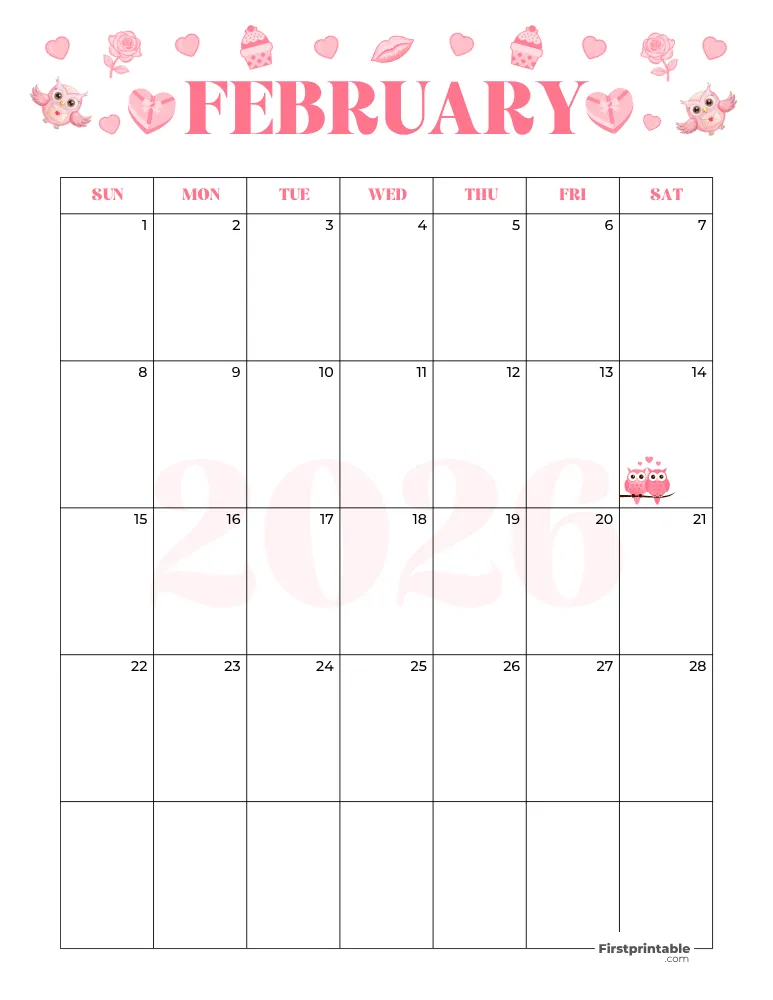 February Calendar 2026 Valentine's Day Template 07