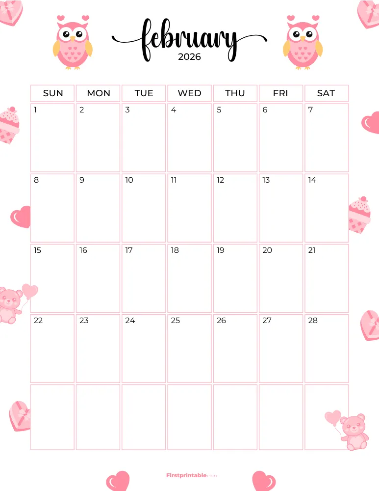 February Calendar 2026 Valentine's Day Template 09