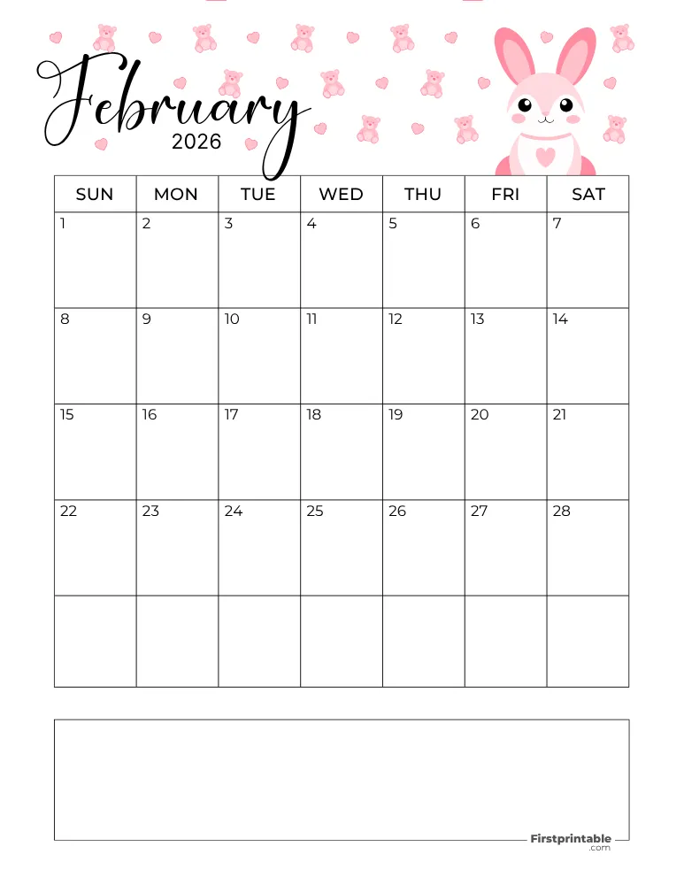 February Calendar 2026 Valentine's Day Template 10