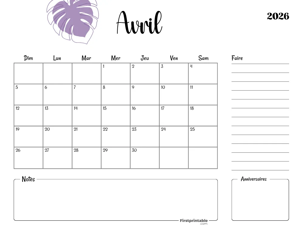 French Printable April Calendar 2026 Template 45