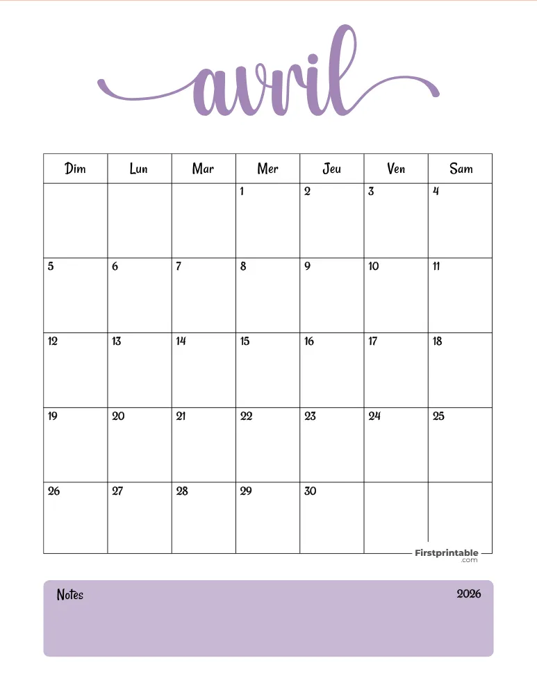 French Printable April Calendar 2026 Template 46