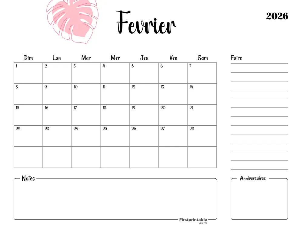 French Printable February Calendar 2026 Template 45