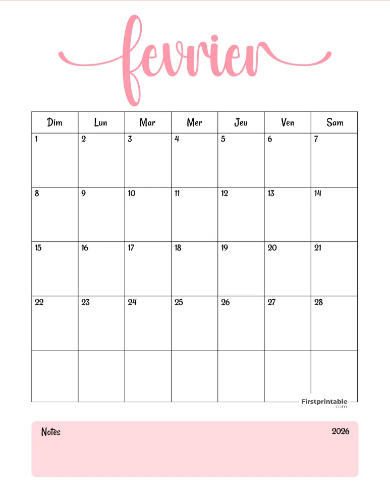 French Printable February Calendar 2026 Template 46