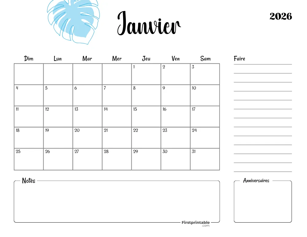 French Printable January Calendar 2026 Template 45