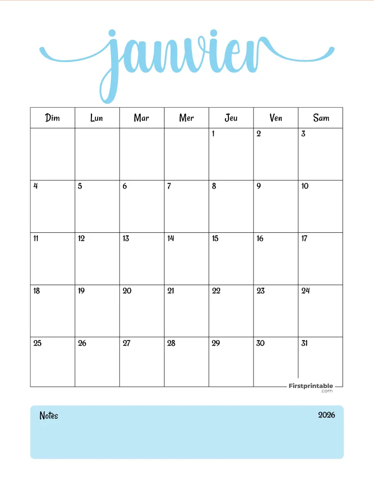 French Printable January Calendar 2026 Template 46