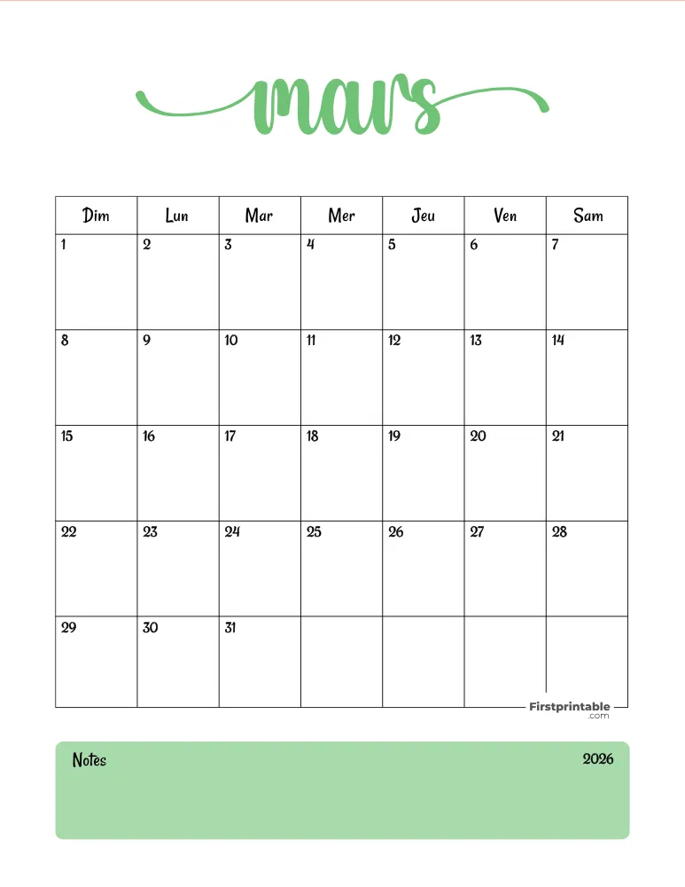 French Printable March Calendar 2026 Template 46