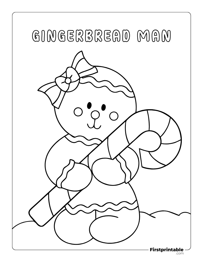 Cute Gingerbread Man with Candy Cane for Kids to Color