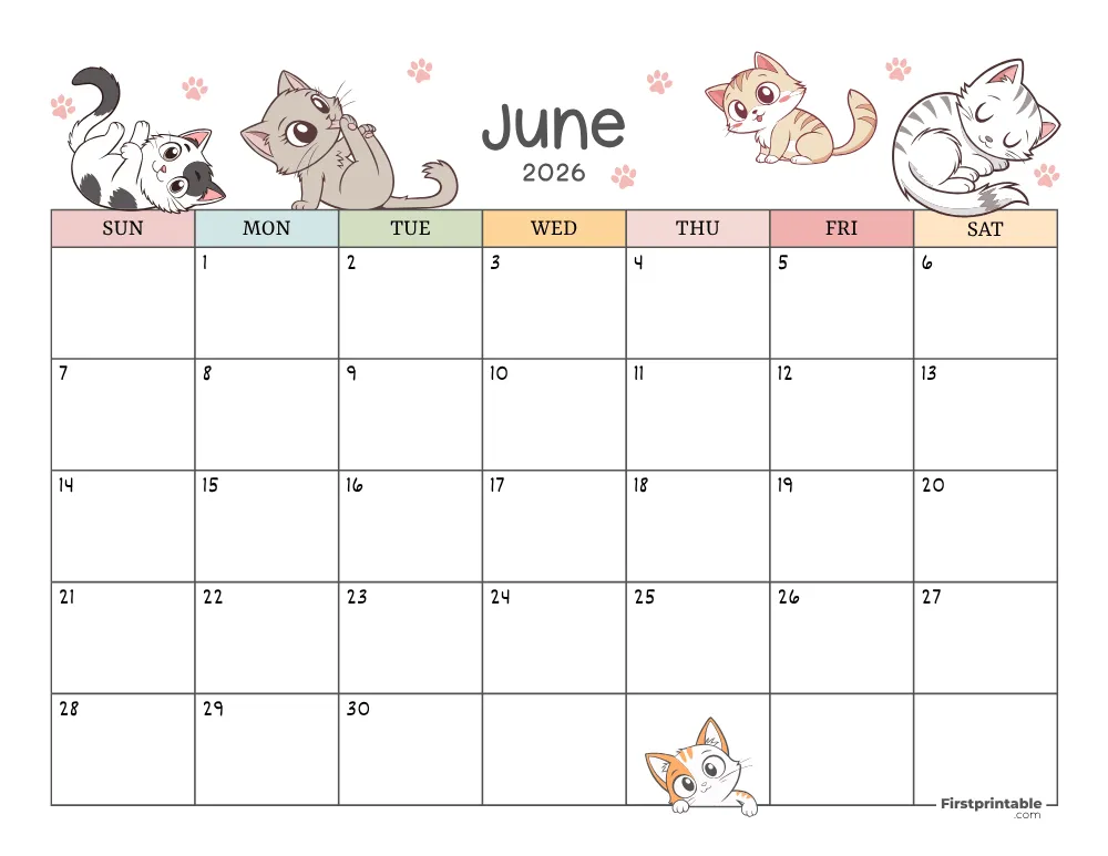 June 2026 Calendar Cat Themed 01