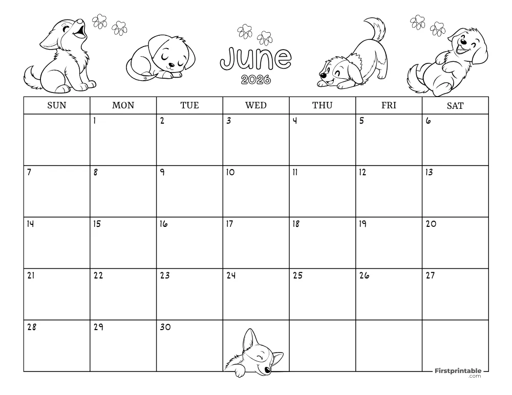 June 2026 Calendar Dog Themed 02