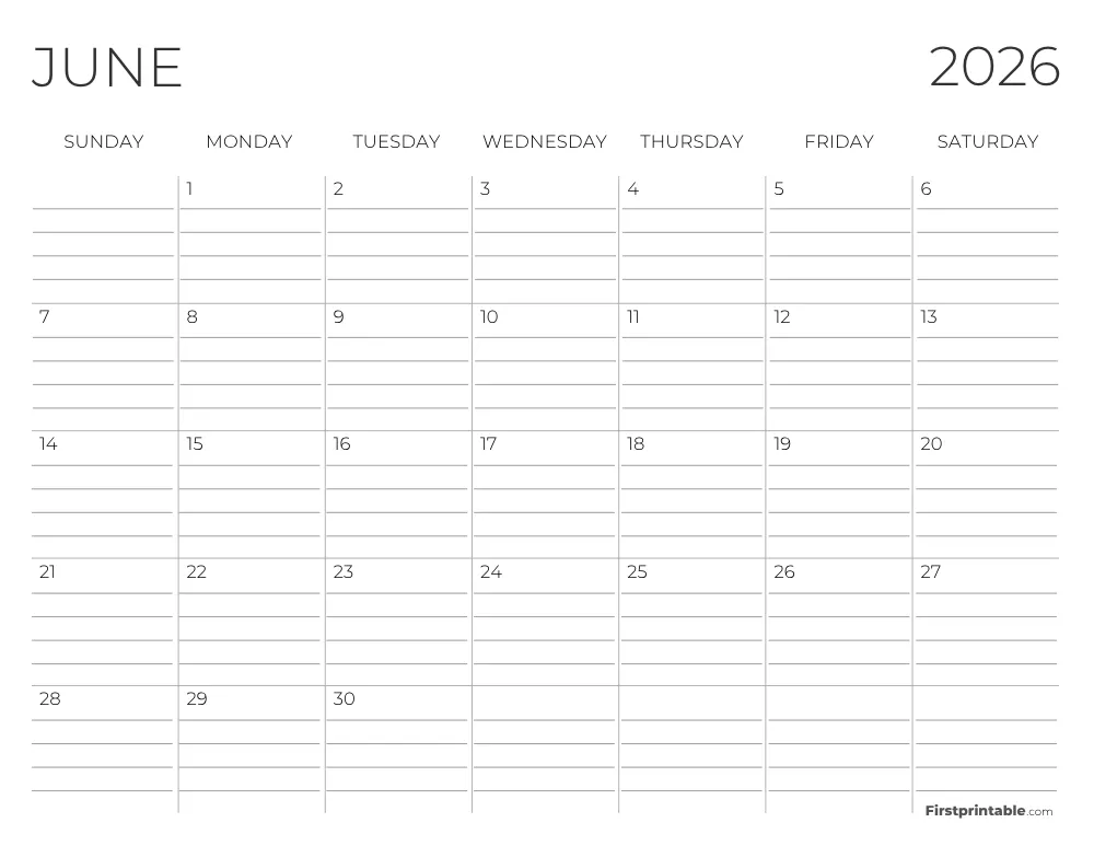 June 2026 Calendar with lines