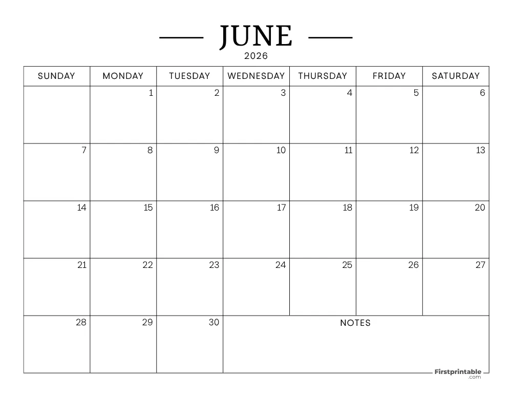 June Calendar 2026 Printable