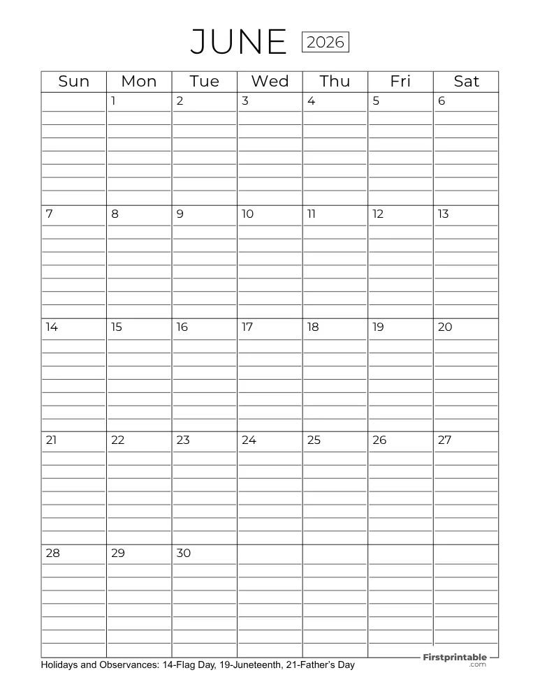 June Calendar 2026 with Lines