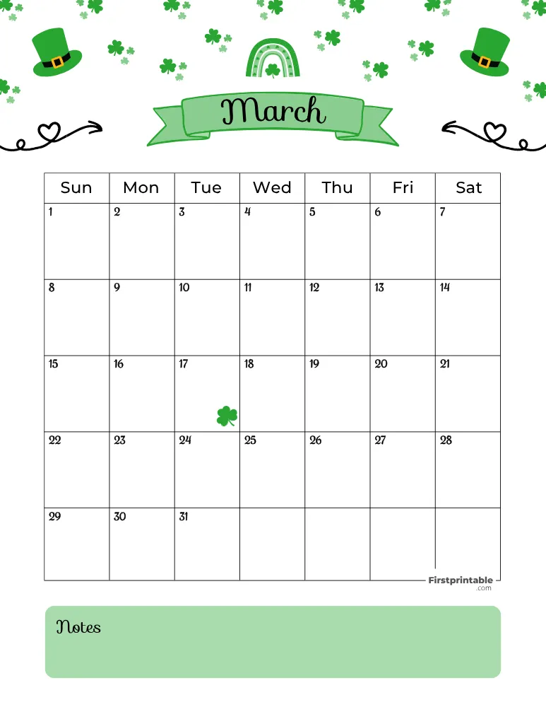 March Calendar 2026 St Patrick's Day Template 01