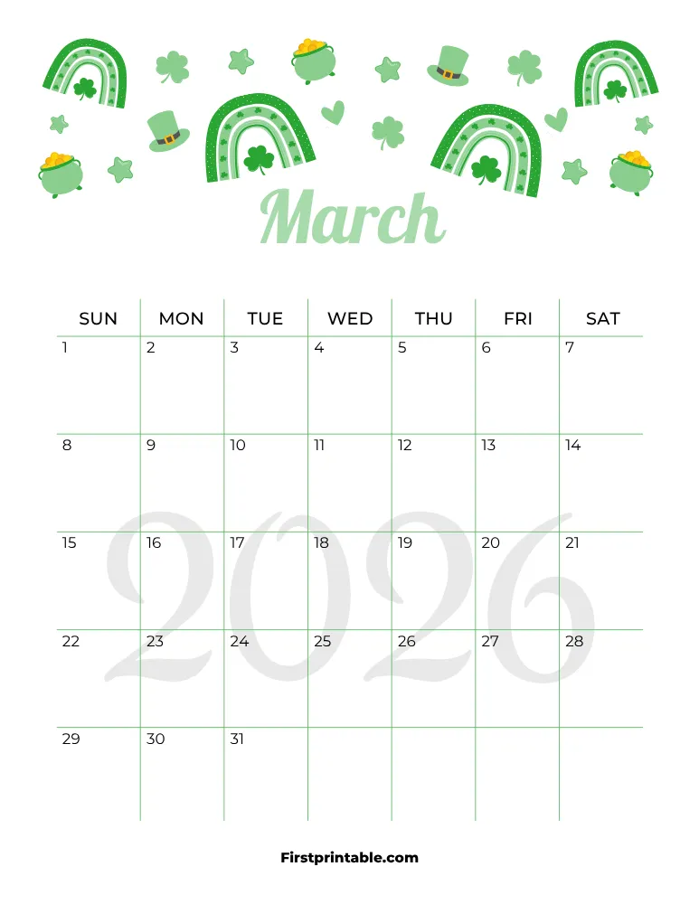 March Calendar 2026 St Patrick's Day Template 06