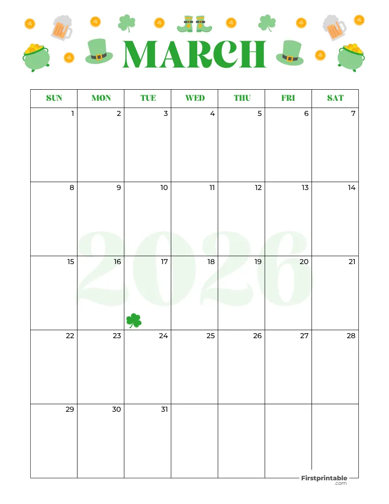 March Calendar 2026 St Patrick's Day Template 07