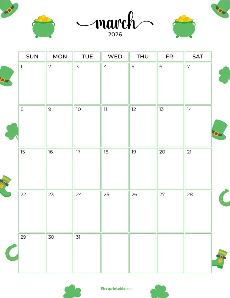 March Calendar 2026 St Patrick's Day Template 09