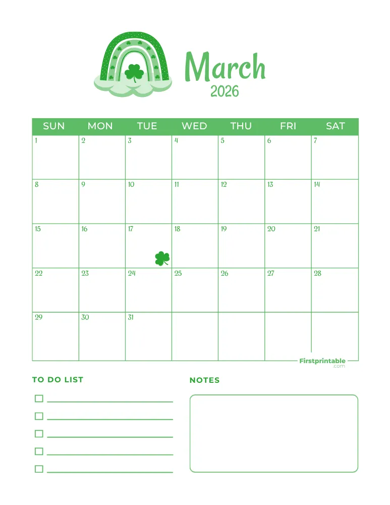March Calendar 2026 St. Patrick's Day Template 02