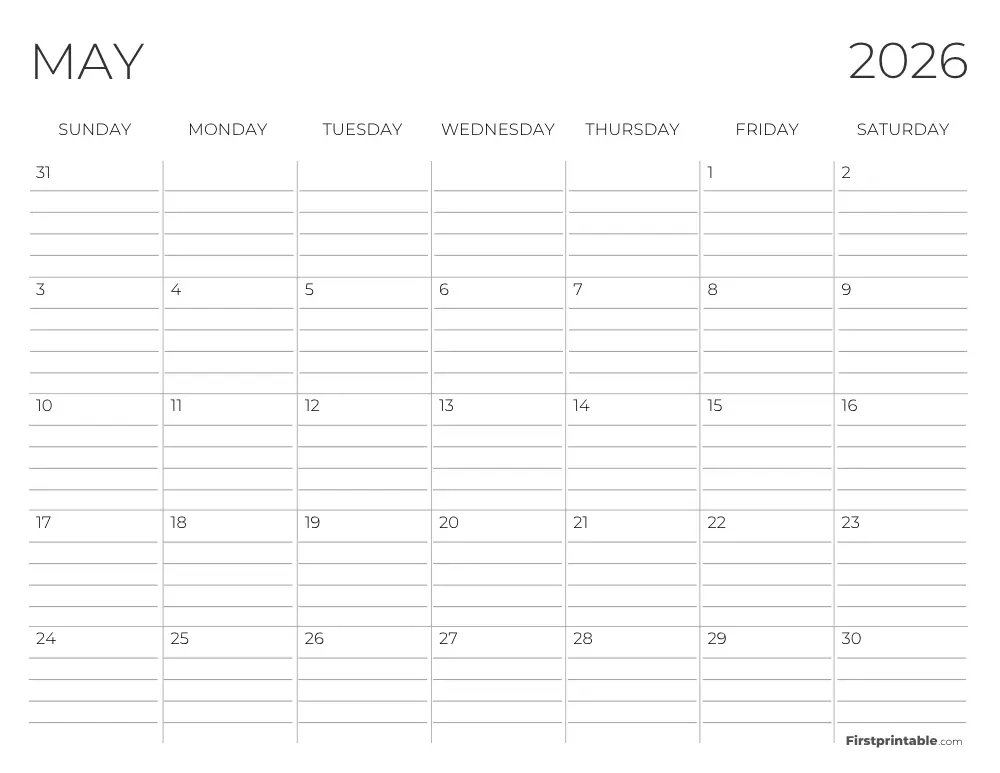 May 2026 Calendar with lines