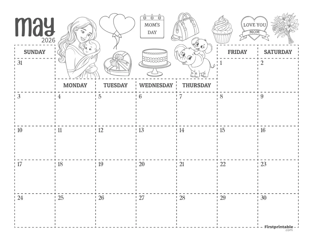 May Calendar 2026 Mothers Day Themed 01
