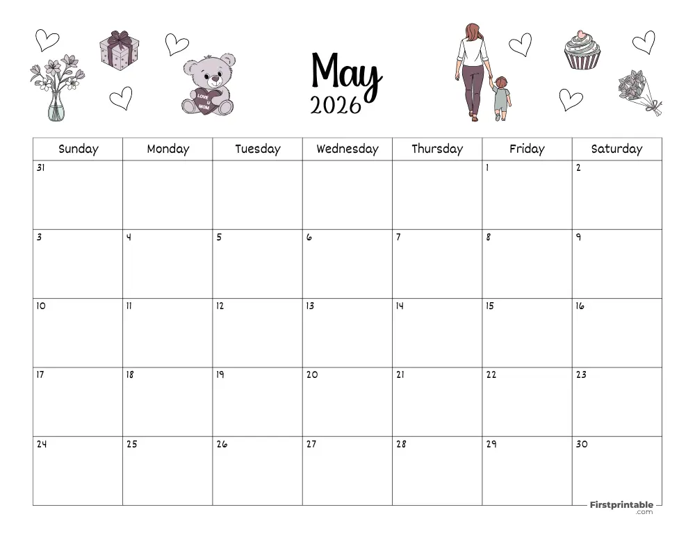 May Calendar 2026 Mothers Day Themed 02