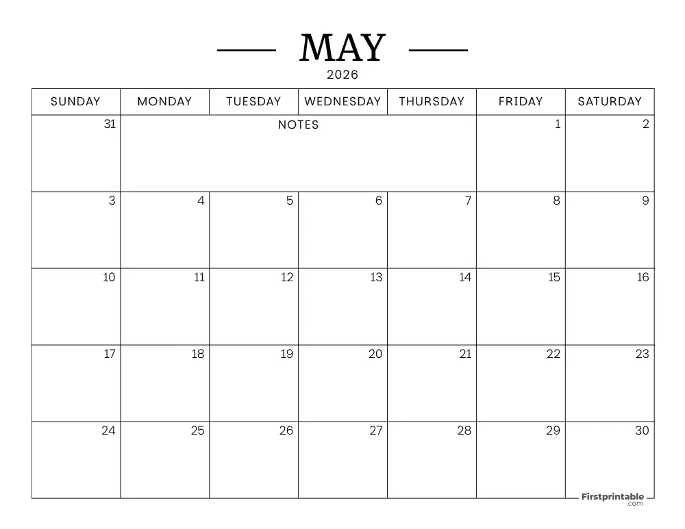 May Calendar 2026 Printable